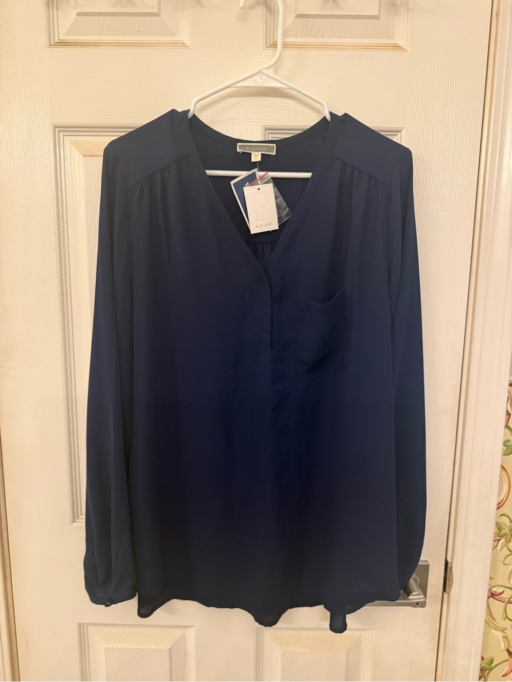 Pleione Navy Long Sleeve V-Neck Blouse